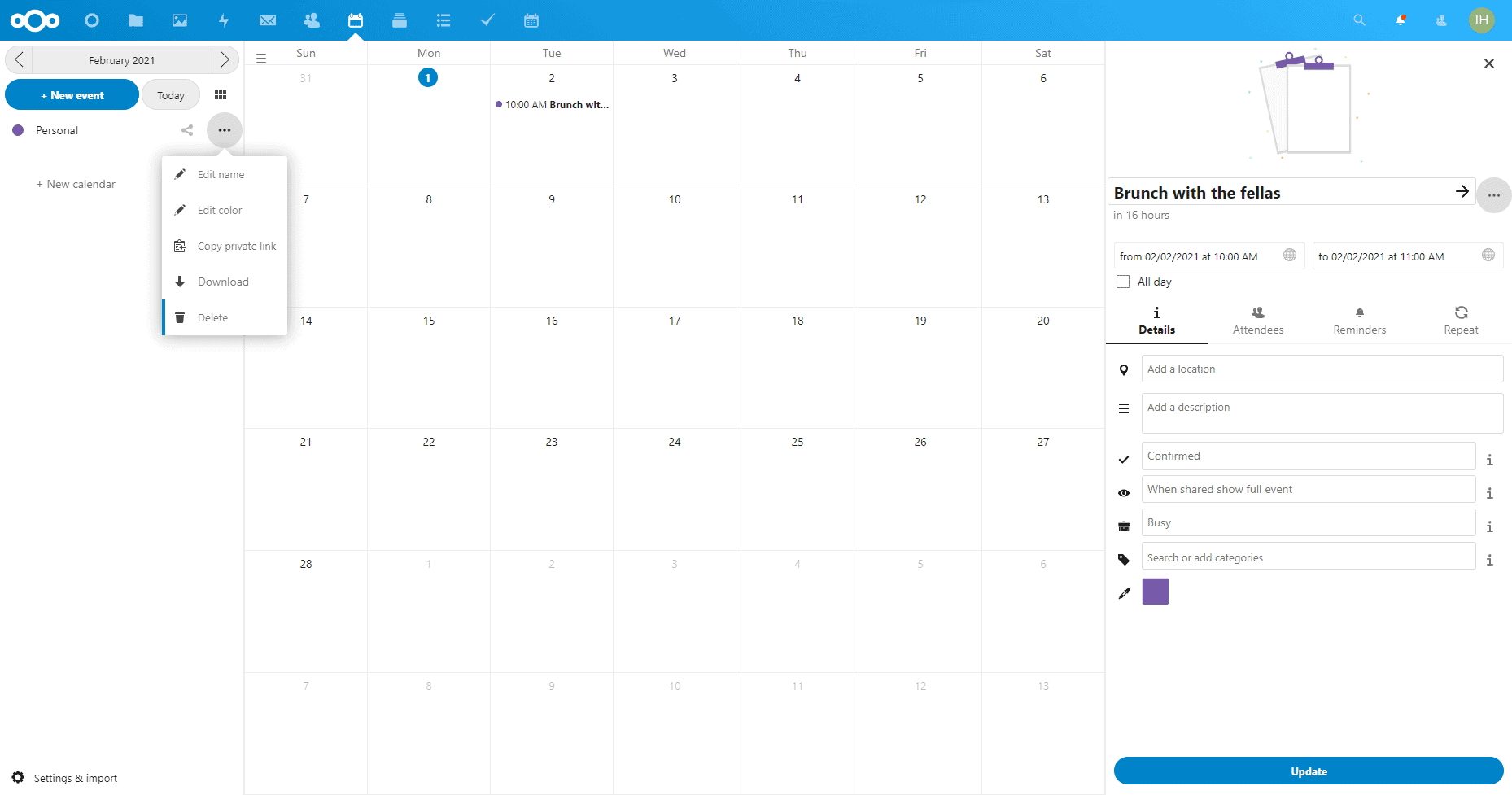 a screenshot of the Nextcloud calendar app
