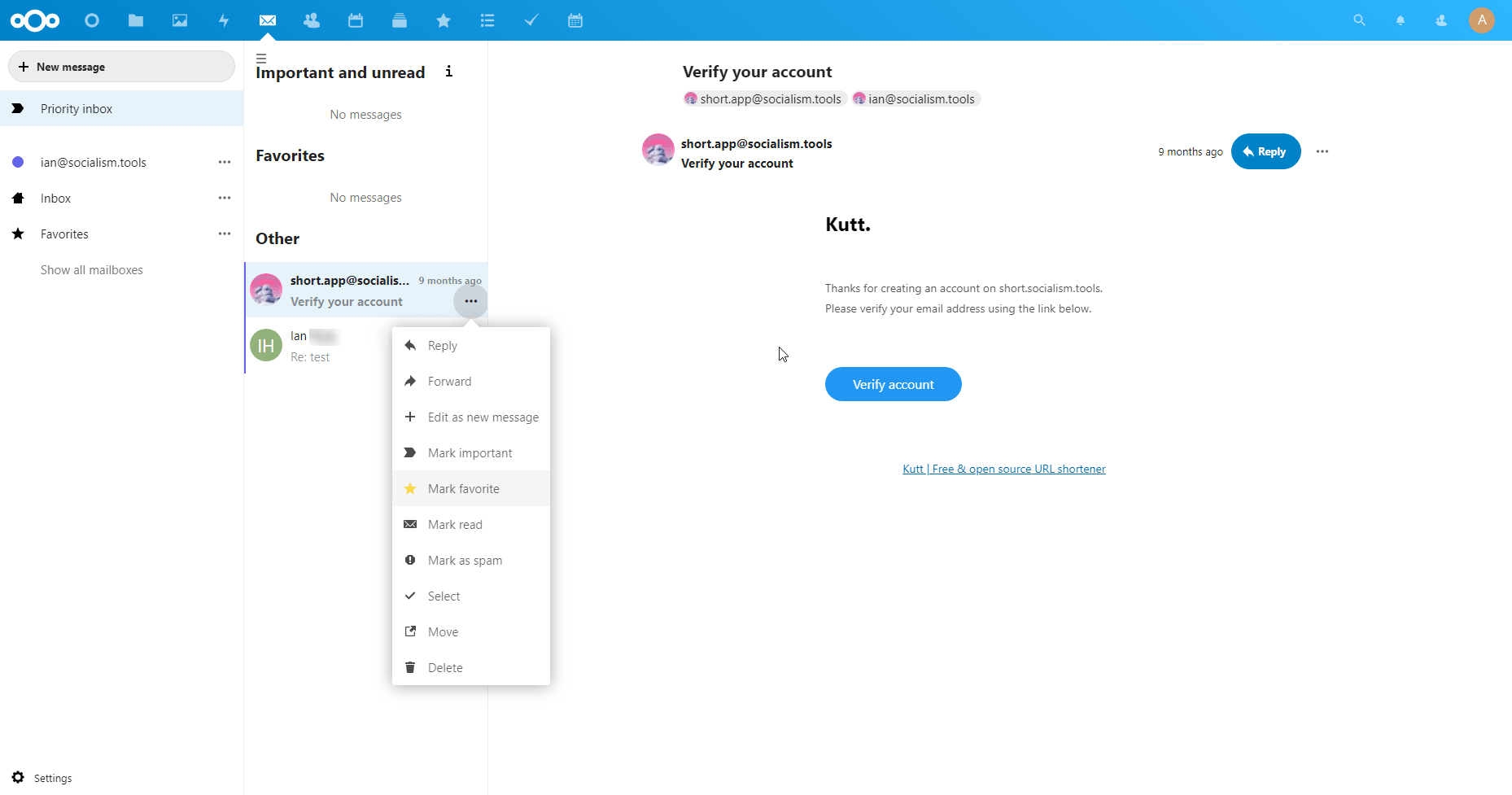 showing mailbox view in nextcloud, with an example email open and three dot menu open to show more options